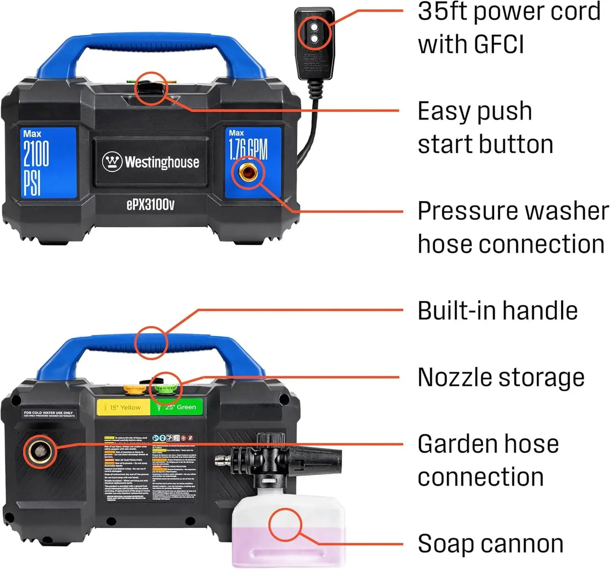 Electric Pressure Washer 2100 Max PSI with Foam Cannon, 1.76 GPM